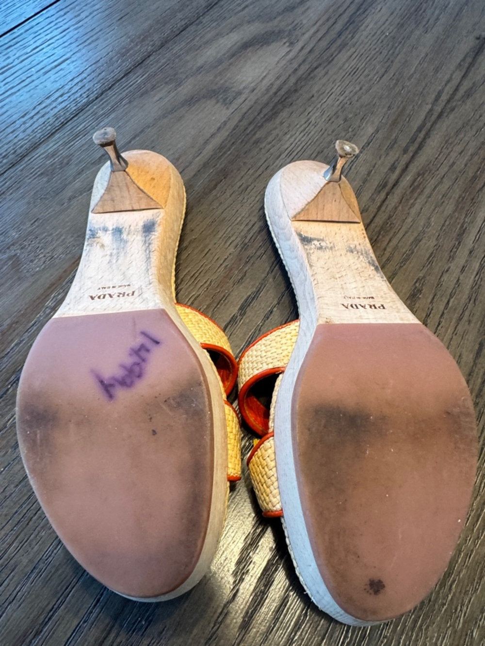 Prada Beige Raffia Slide Mules with Yellow Bow and Coral Trim - Picture 11 of 14